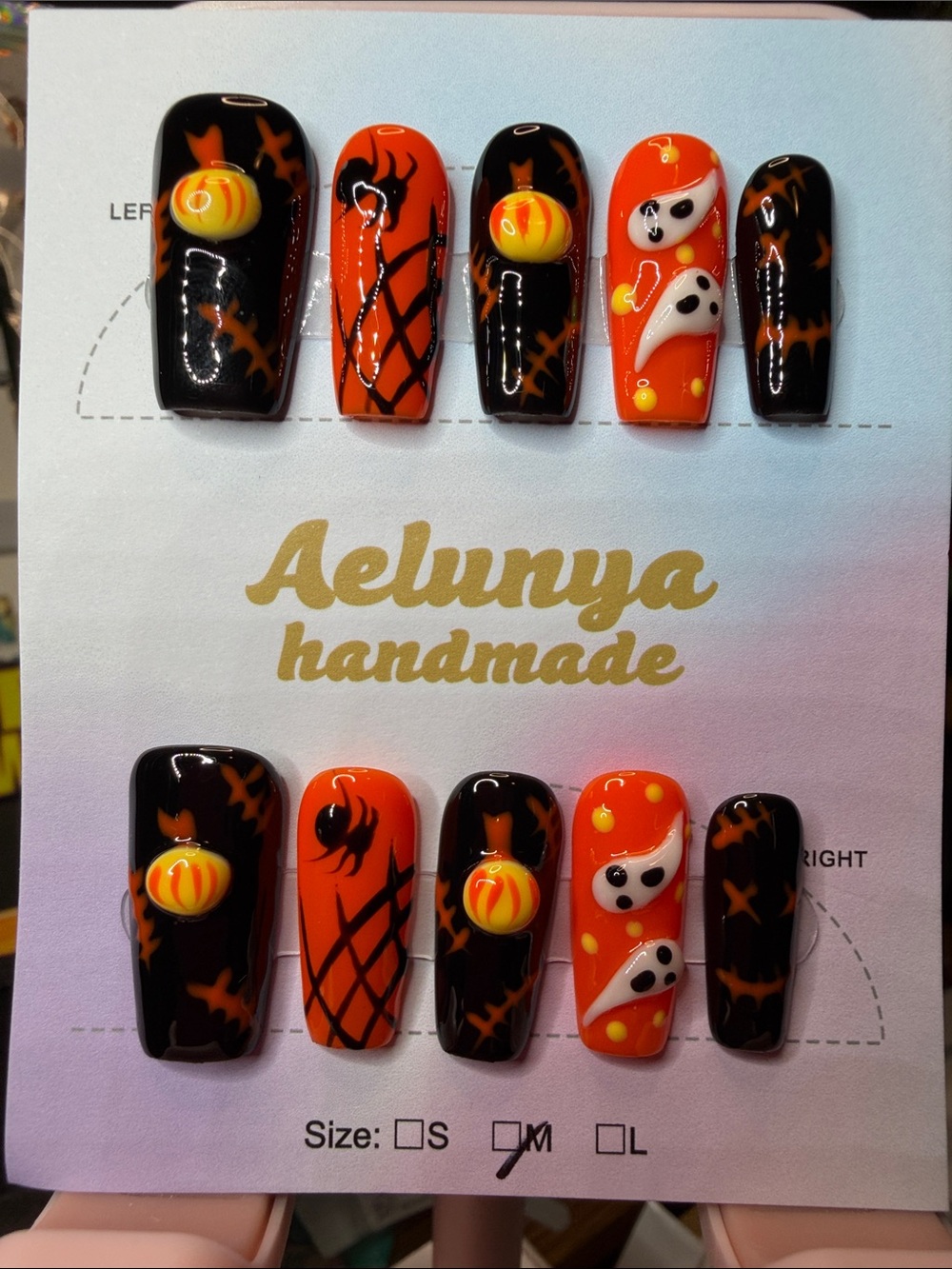 Halloween Press-On Nails — Black & Orange with Ghost Accents